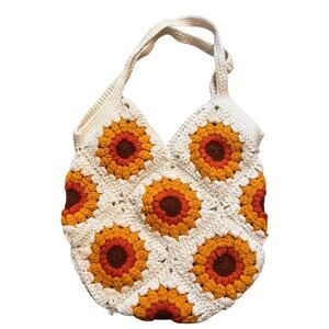 Granny Core Handmade Crocheted Sunflower Tote White Bag Festival Boho**